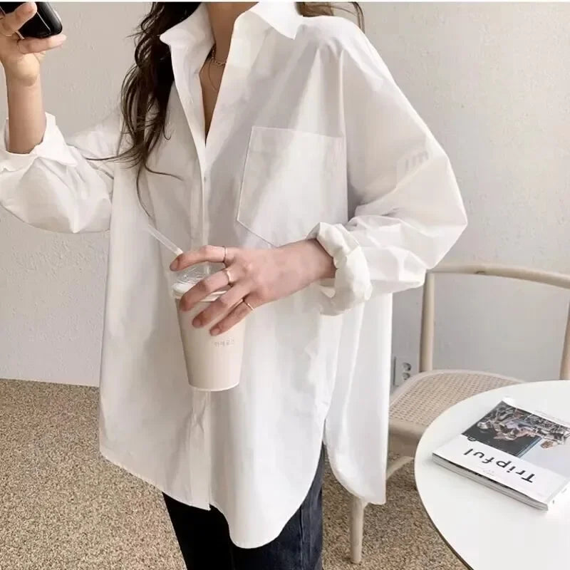 Lady Elegant White Casual Loose Blouses Fashion New Cotton Long Sleeve Women Shirt Turndown Collar