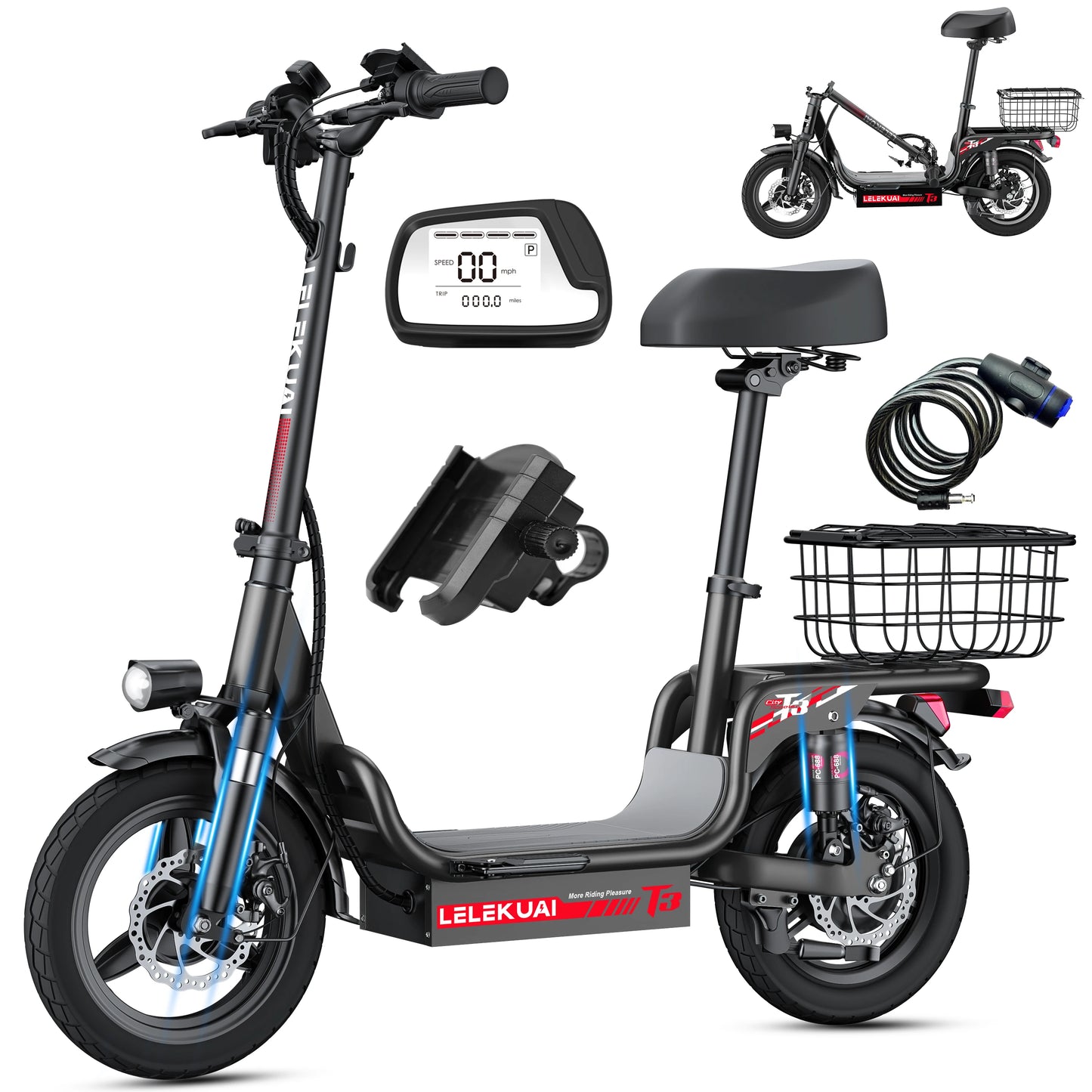 E-Bike, 500W48V15AH, 30MPH 14 inch E-Bike, 500lbs Load-bearing Multiple Shock Absorbers, Basket