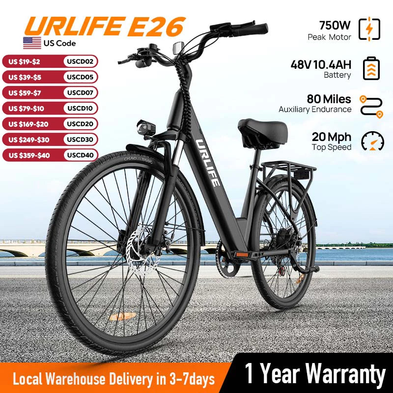 750W E26 Elec. Bike,Adults,48V 10.4Ah Removable Battery,Speed 20MPH, 26''X2" Standard Tire, 7-Speeds