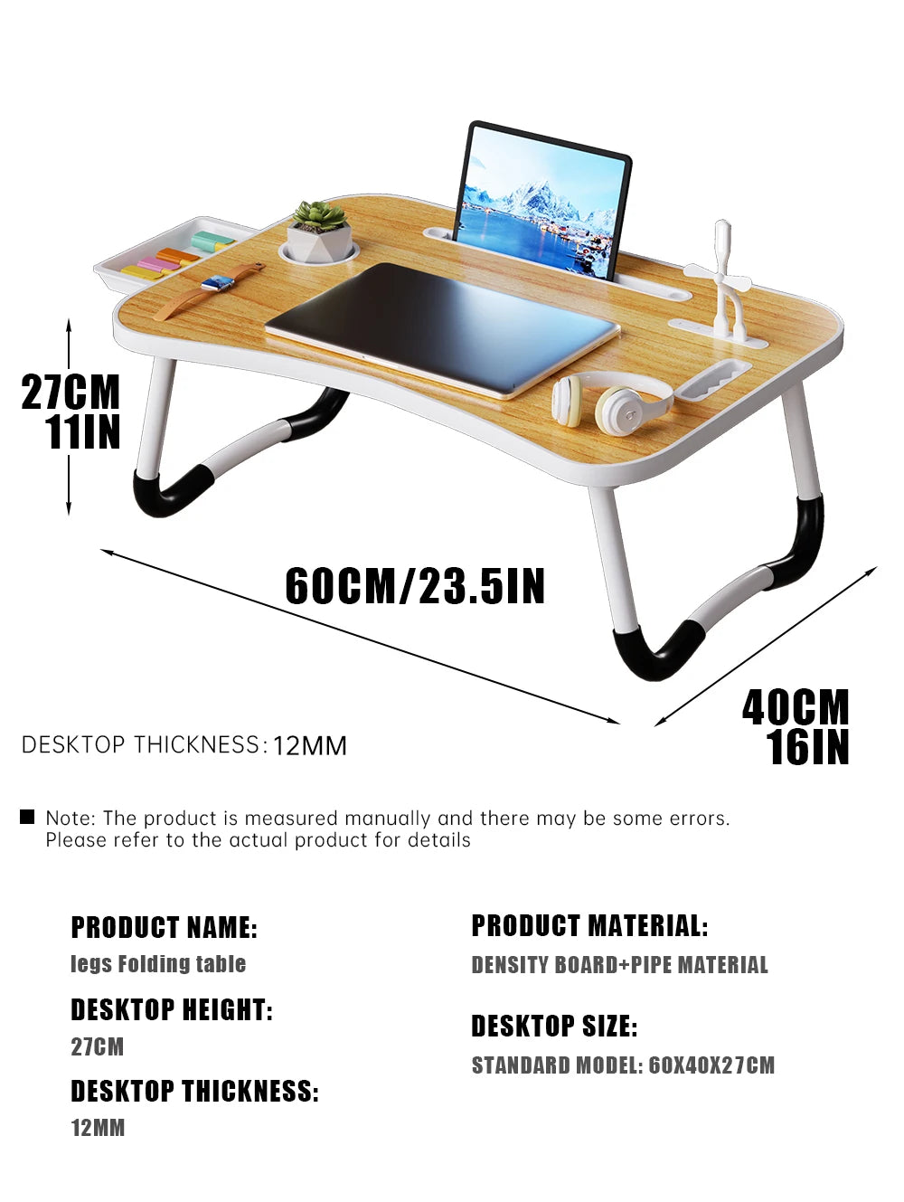 Portable Laptop Desk with USB Light, Small Fan, Cup Holder, laptop Slot, lifting Handle - Foldable