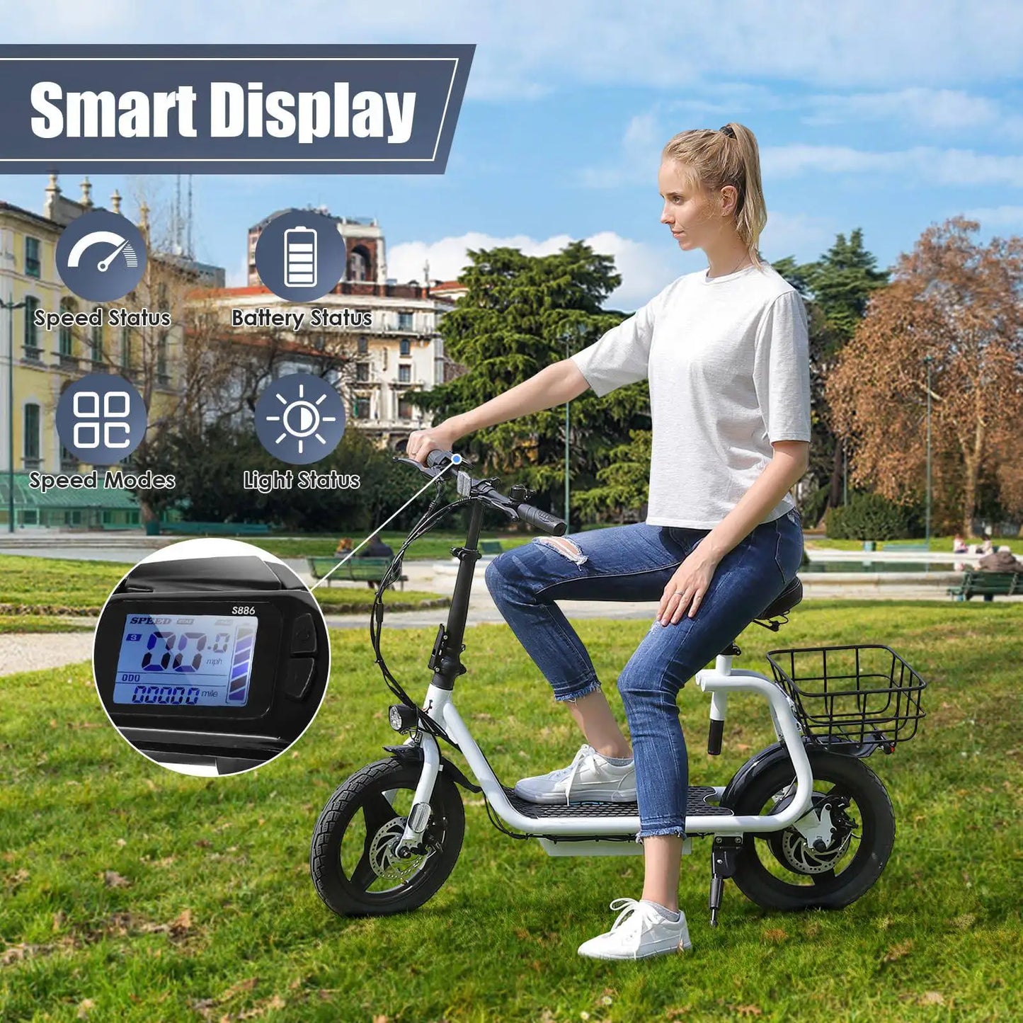 Peak 819W Electric Scooter 500W Motor W/ Seat 14" Tire, 30 Miles Ranges 20MPH Max Speed, to 300 LBS