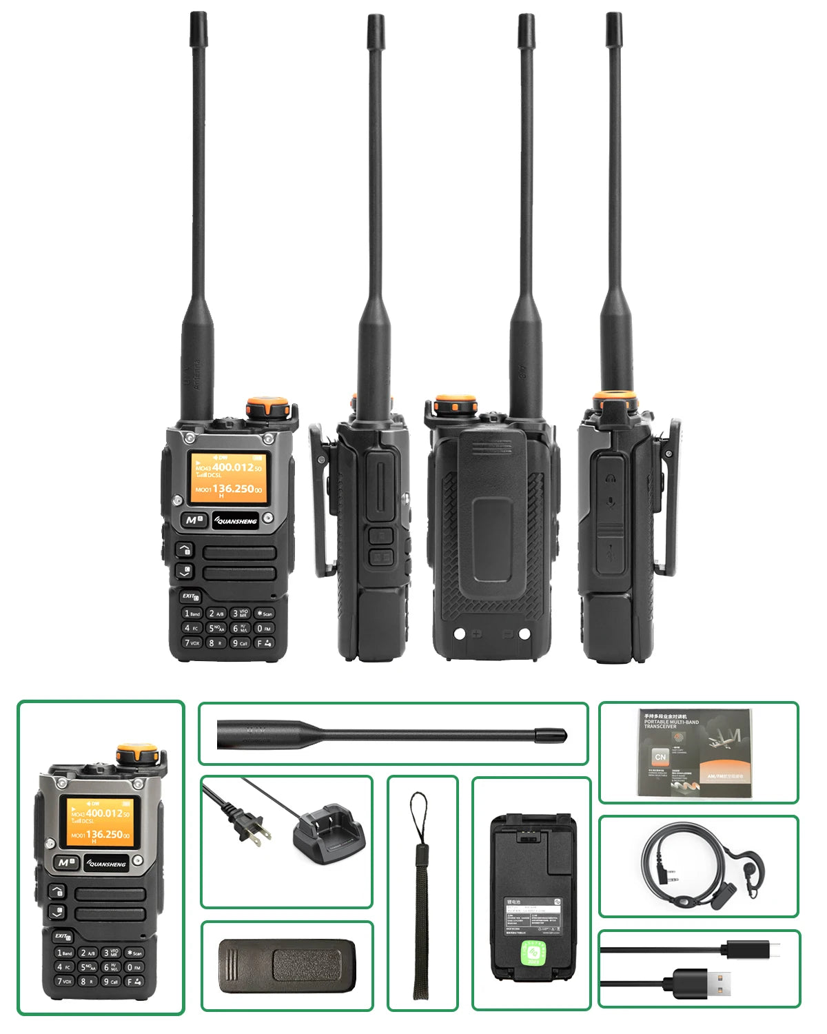 Walkie Talk5W Air Band Radio Type C Charge UHF VHF DTMF FM Scrambler NOAA Wireless Frequency 2Way CB
