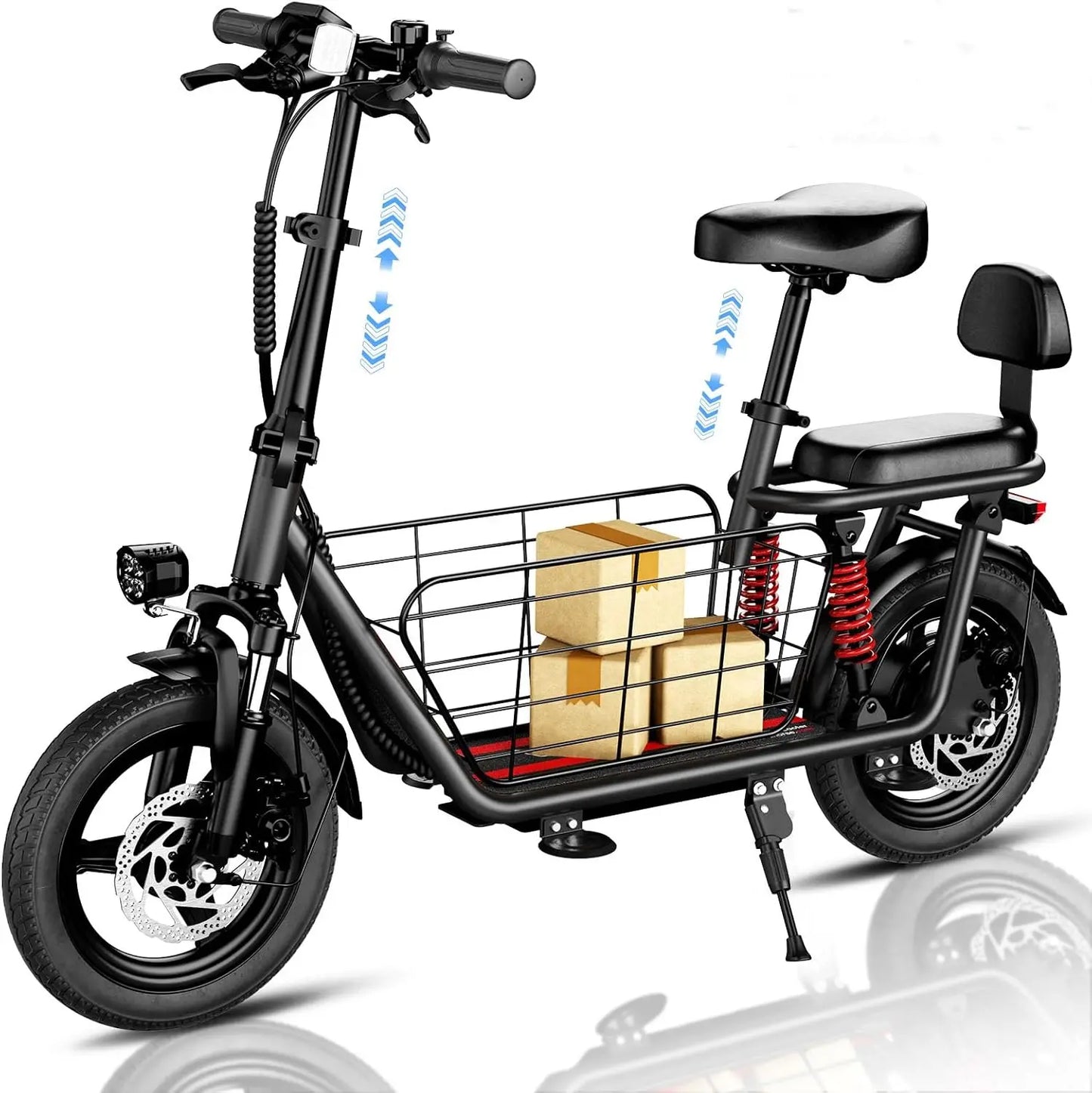E-Bike, 500W48V15AH, 30MPH 14 inch E-Bike, 500lbs Load-bearing Multiple Shock Absorbers, Basket