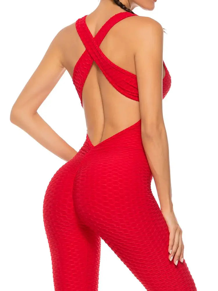 Women Jumpsuit Sleeveless Backcross Short Bodysuit Jacquard Backless Workout