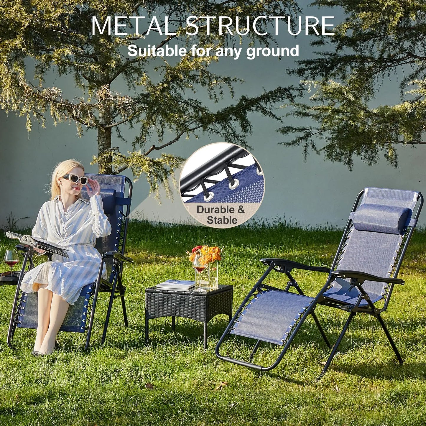 Zero Gravity Set 2 Portable Recliner Camping Patio Outdoor Chair,Cup Holder Trays Adjustable Pillow