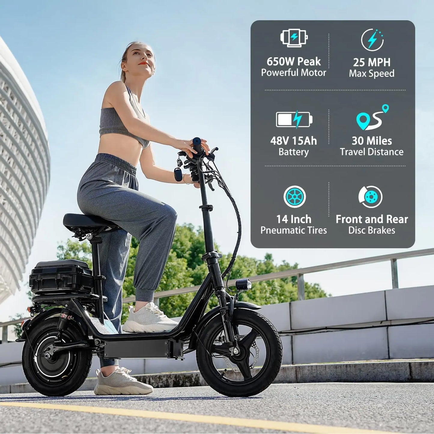 Folding electric scooter with trunk, 500W motor (peak 650W), 48V15AH, 20MPH, 30 mile long range
