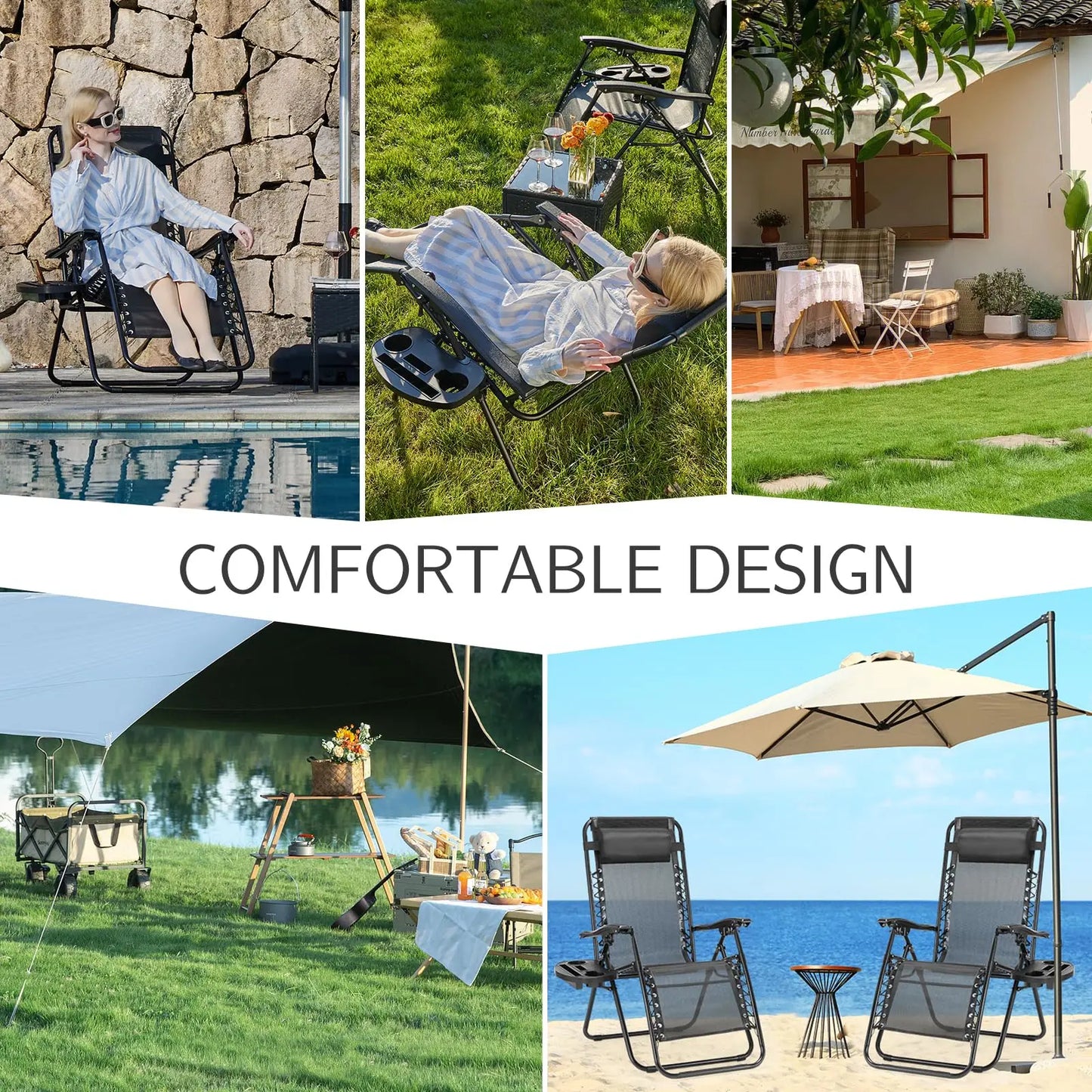 Zero Gravity Set 2 Portable Recliner Camping Patio Outdoor Chair,Cup Holder Trays Adjustable Pillow