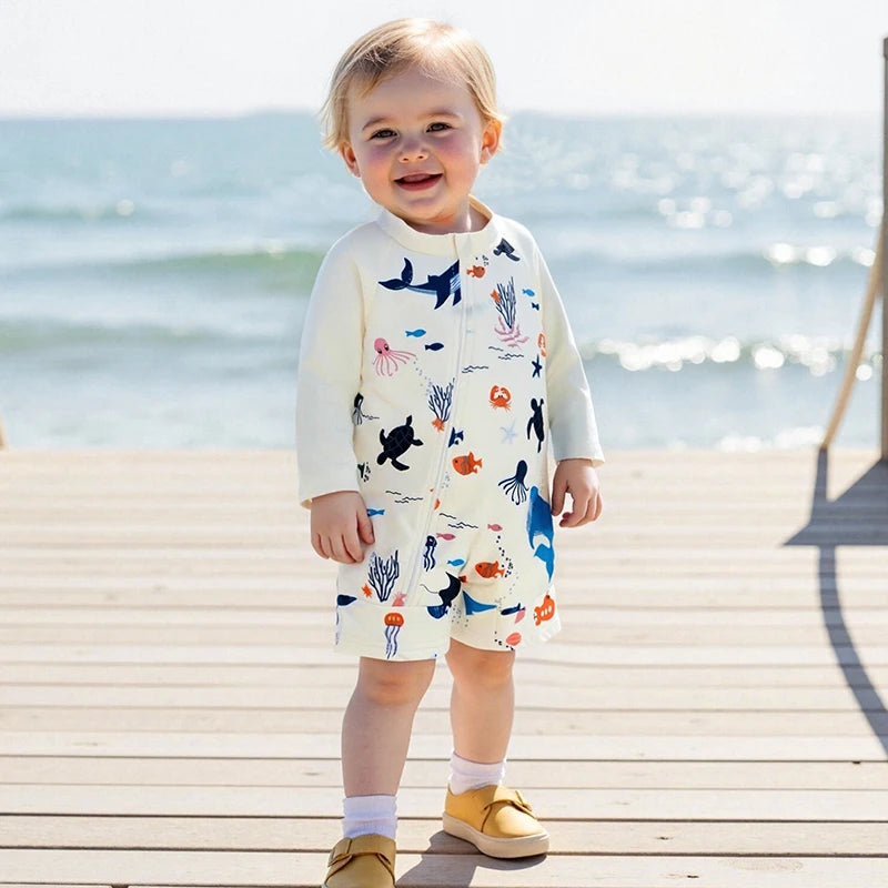 Toddler Boy UV Protection Rash Guard Swimsuit Set with Long Sleeve Zip Animal Print