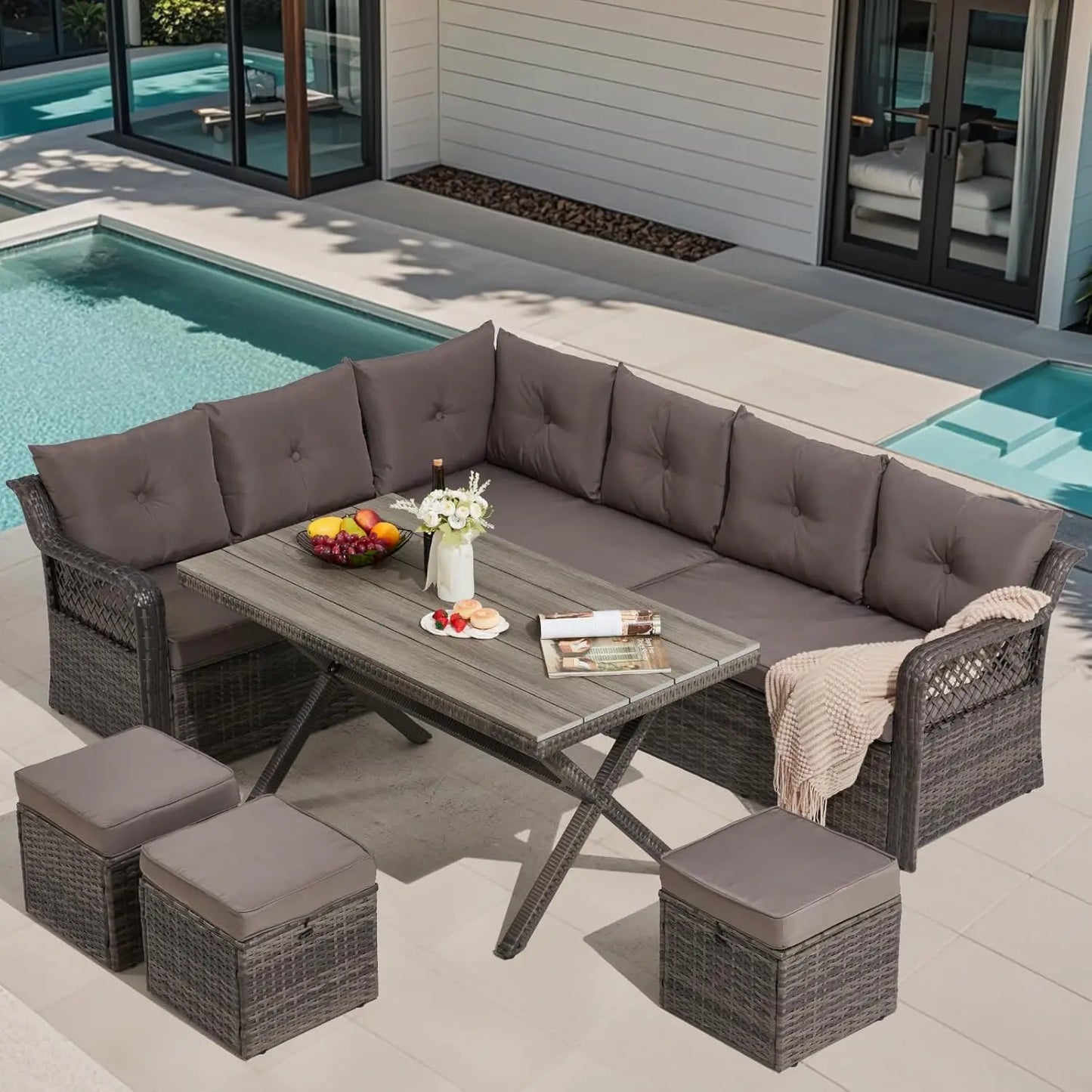 7 Pieces Patio  Dining Set, Patio Dining Sets with HDPE Table & Chairs, Ottamans for Garden, Deck