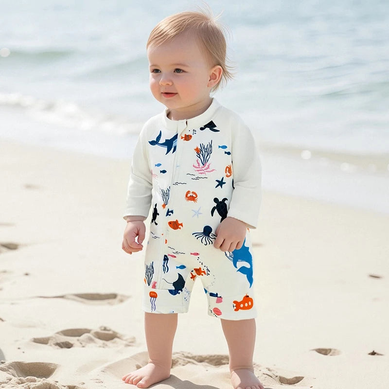 Toddler Boy UV Protection Rash Guard Swimsuit Set with Long Sleeve Zip Animal Print