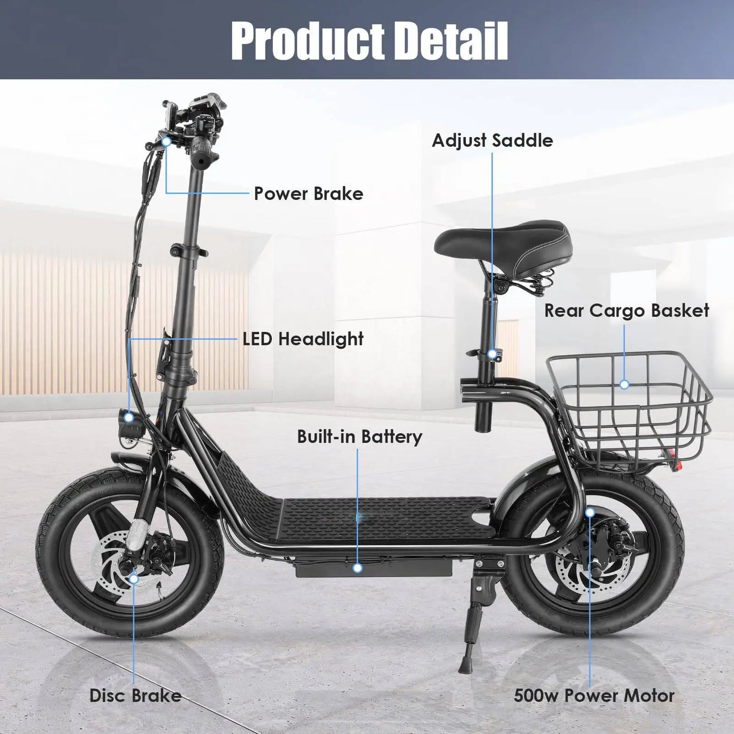 Peak 819W Electric Scooter 500W Motor W/ Seat 14" Tire, 30 Miles Ranges 20MPH Max Speed, to 300 LBS