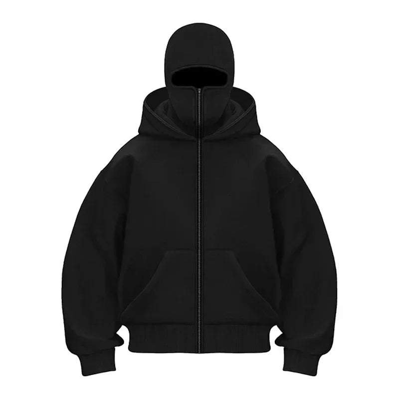 Men/women Balaclava Y2K Gothic winter Warm, double hooded sweatshirt men's mask zipper sports Jacket