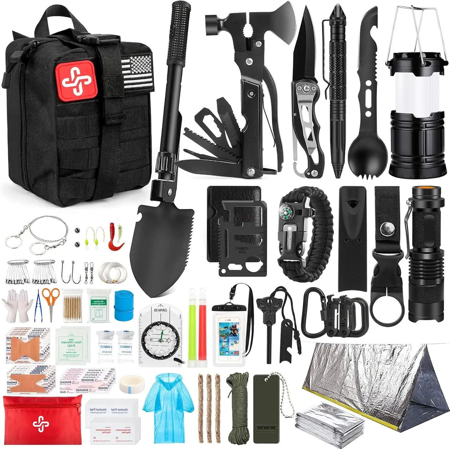 250Pcs Emergency Survival Kit,First Aid, Molle Bag & Tent for emergency,Hiking, Hunting
