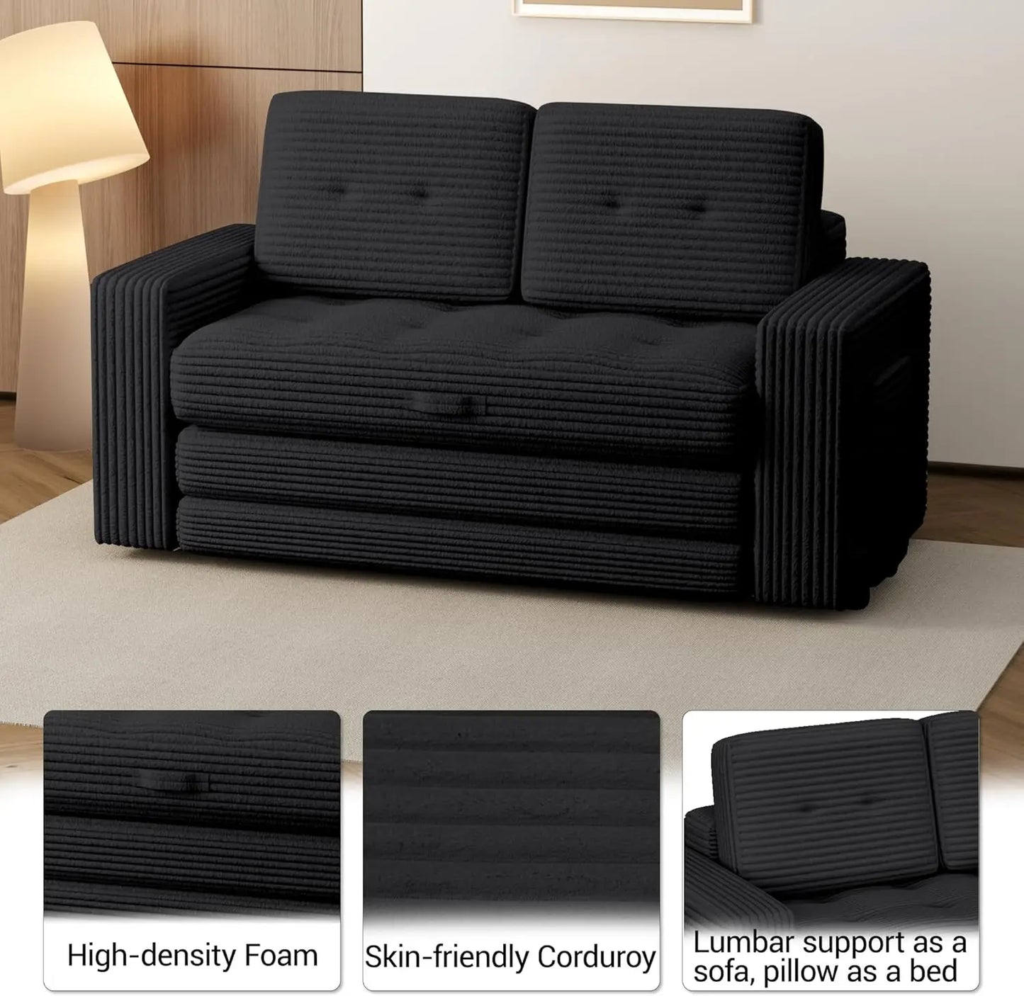 Indoor 3 Fold Convertible Sofa Bed, Black - Pull Out Boneless Couch, Loveseat Sleeper, Pillows