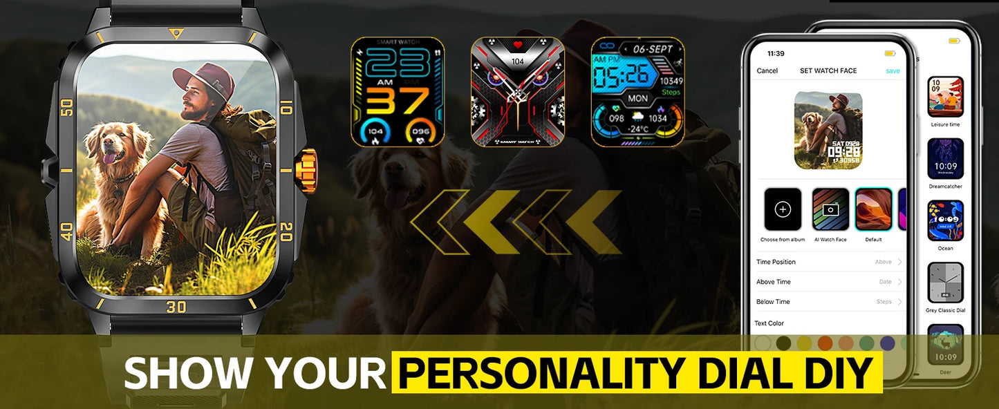 Smart Watch 3ATM Waterprf 1.96" IPS Screen KT71 Men 100+ Sport Mode Heart Rate Blood Pres. Bluetooth