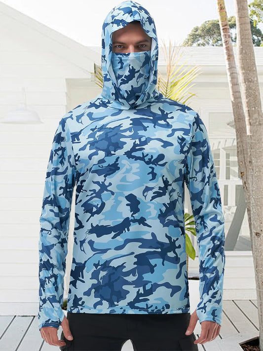 Men s Fishing Shirt Camo Print Hoodie, Built-in Face Mask Sun Protection, Hiking and Running
