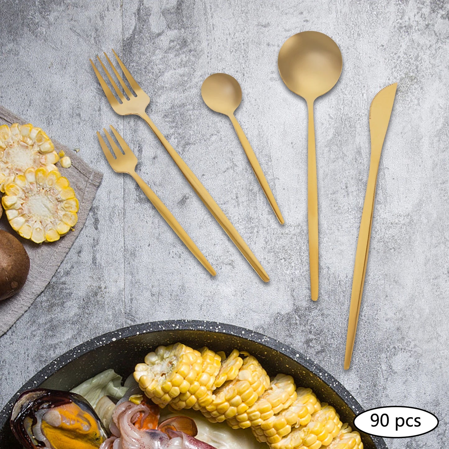 90 Pcs Gold Flatware Set Stainless Steel Utensil Kitchen Tableware Forks Knives Spoons Cutlery