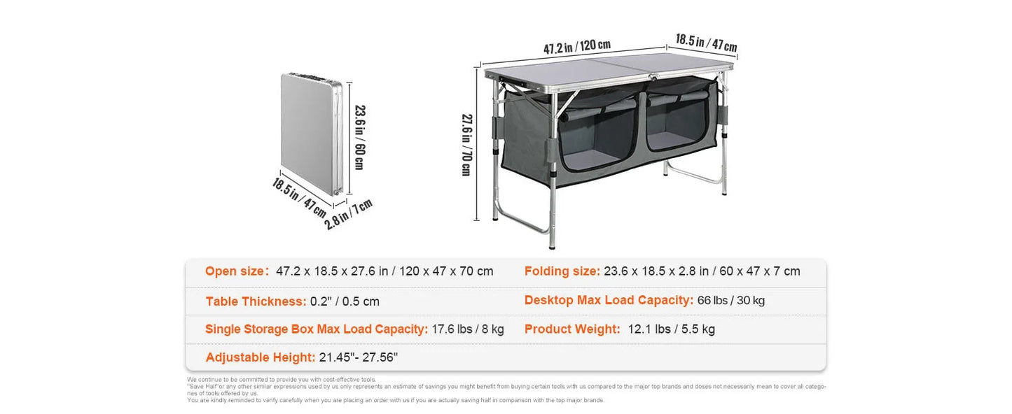 Camping Kitchen Table Quick set-up Folding MDF, Outdoor Picnics BBQ Camping RV Traveling