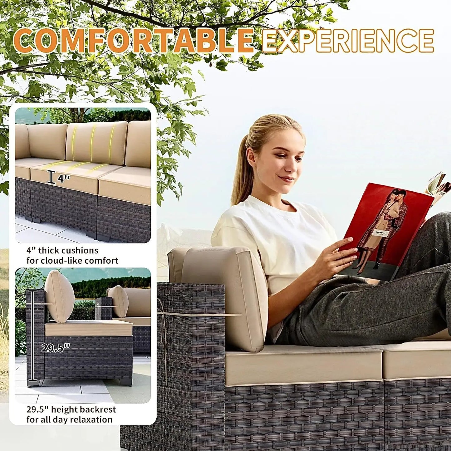 7 Pieces Patio Furniture Set, 4’’ Thick Cushions, All-Weather PE Rattan 29.5'' High Backrest