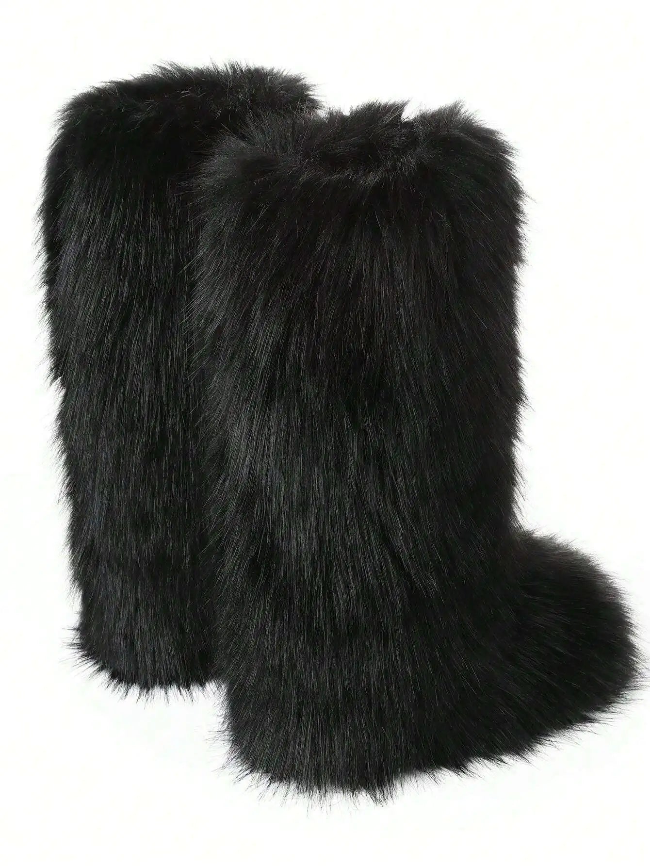 Furry Fluffy Women Snow Boots Warmplush Knee High Flats Luxury Punk Goth Women Winter Shoes