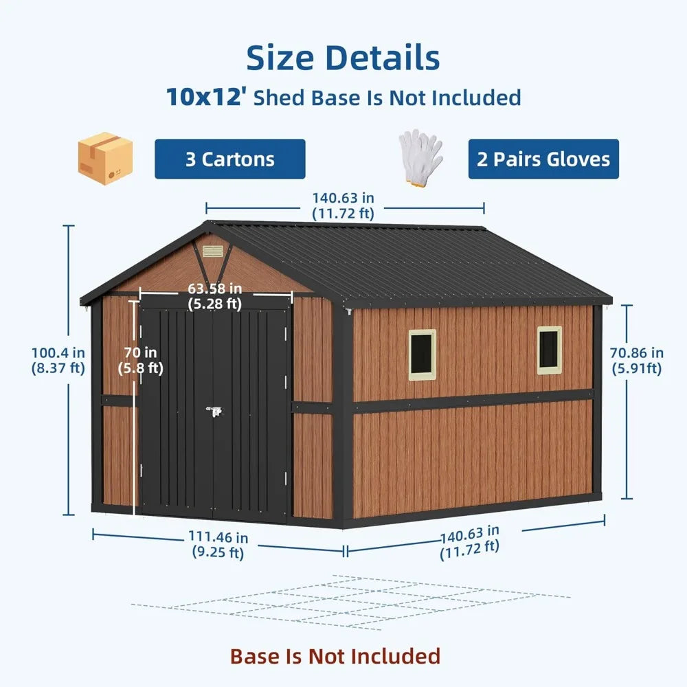 10x12FT Outdoor Storage Shed, Metal, Lockable Doors/ Windows, Large Tool Shed for Backyard, Patio