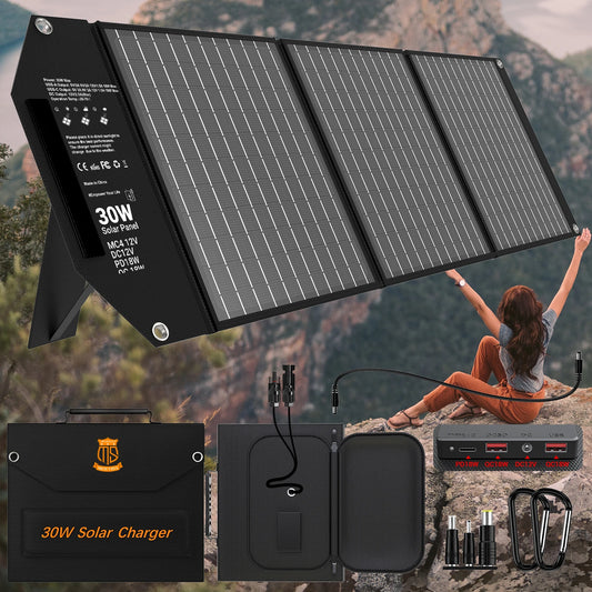 30W Solar Charger, Foldable Solar Panel with 18V MC4, Dual USB-A (QC3.0), & USB-C (PD18W) Ports