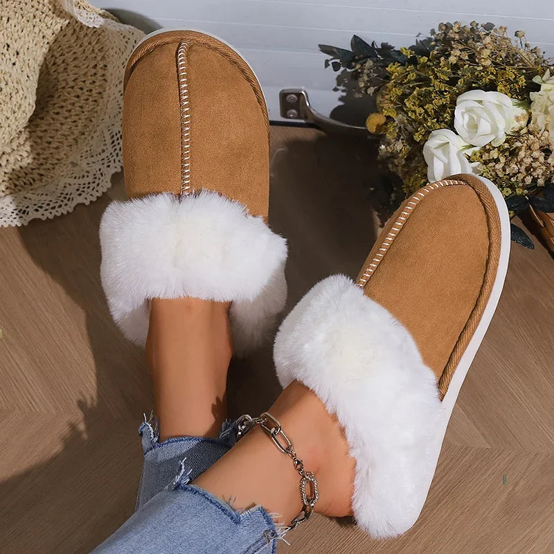 2025 Winter Warm Flat Fur Slippers Women Faux Suede  Slides Comfort Non Slip Indoor FloorCotton