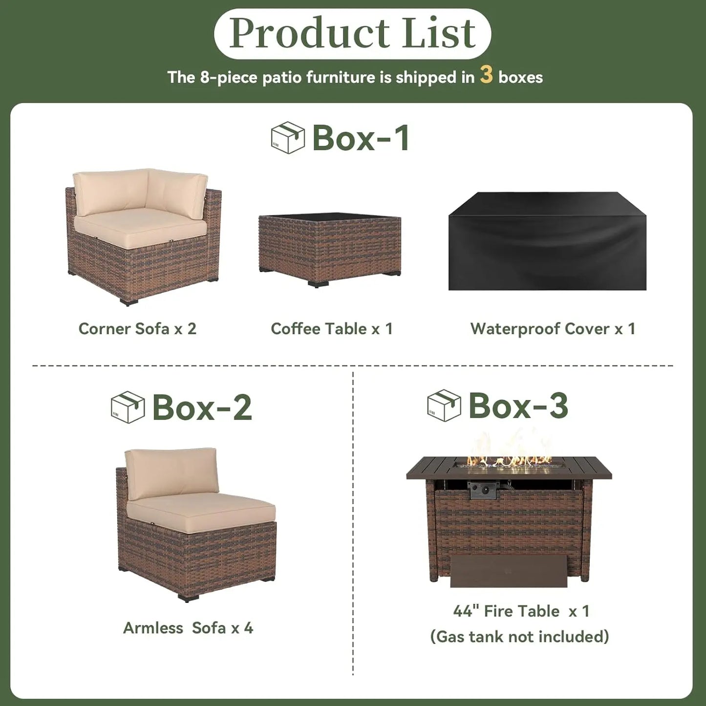 8 Piece Patio Furniture Set 44” Fire Pit Table Wicker Rattan Outdoor Sectional Sofa, Coffee Table