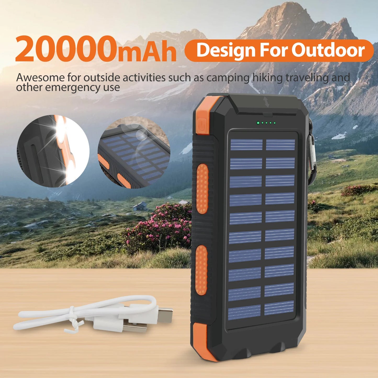 20000mAh Solar Power Bank Portable Charger Waterproof Dual 5V USB Ports 2 LED Light Flashlight Cell