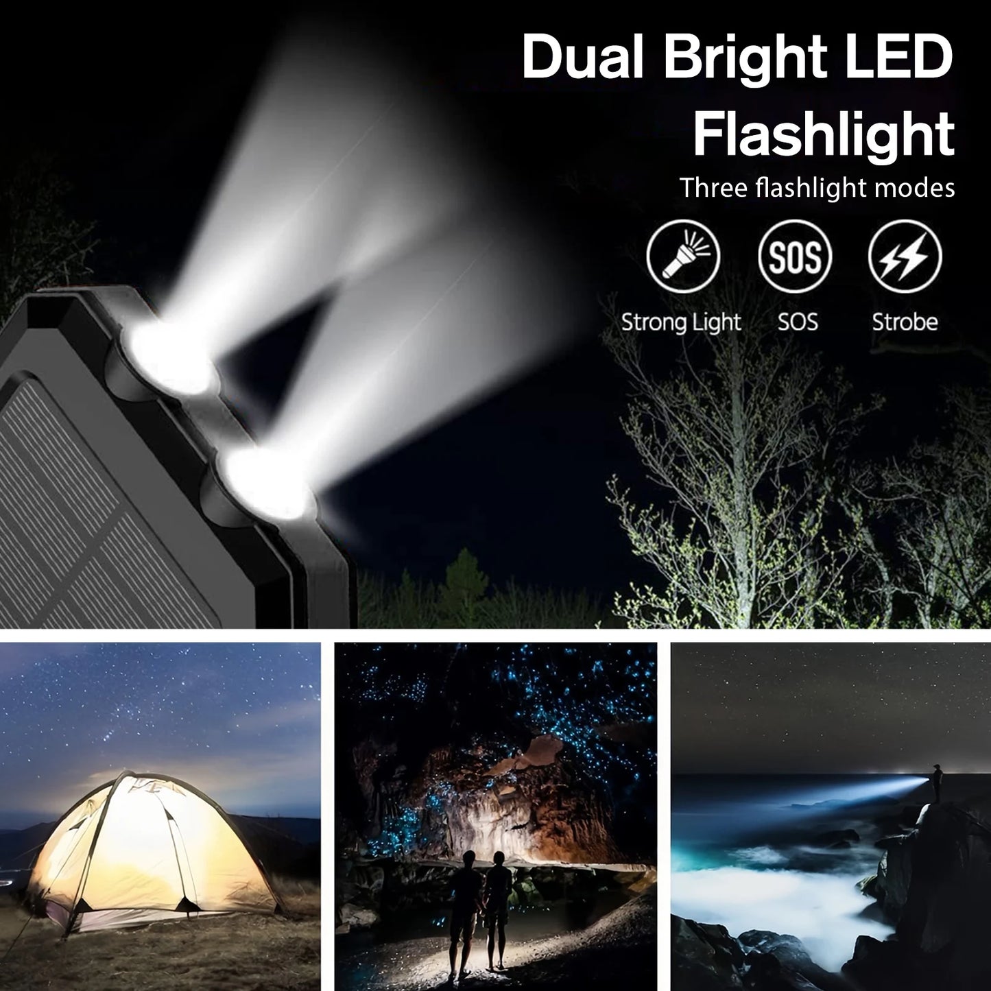 30000mAh Solar Power Bank Portable Dual 5V USB Ports 2 LED Light Flashlight Fast Charge phones ntbk