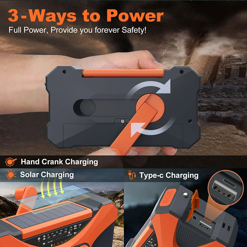 10000mAh charger High Capacity Emergency Radio Solar Hand Crank LED Flashlight SOS Alarm Survival