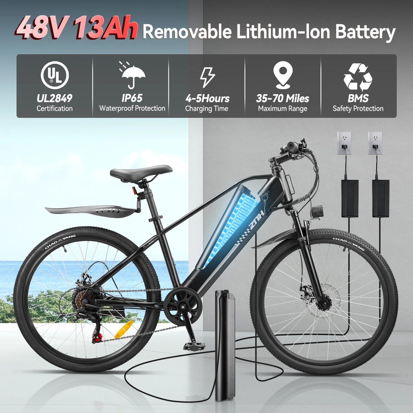 E-Bicycle, Adults,1000W Peak Motor,48V Removable Battery,20MPH,26" Tire E-Bike, 7-Speed,50 Miles