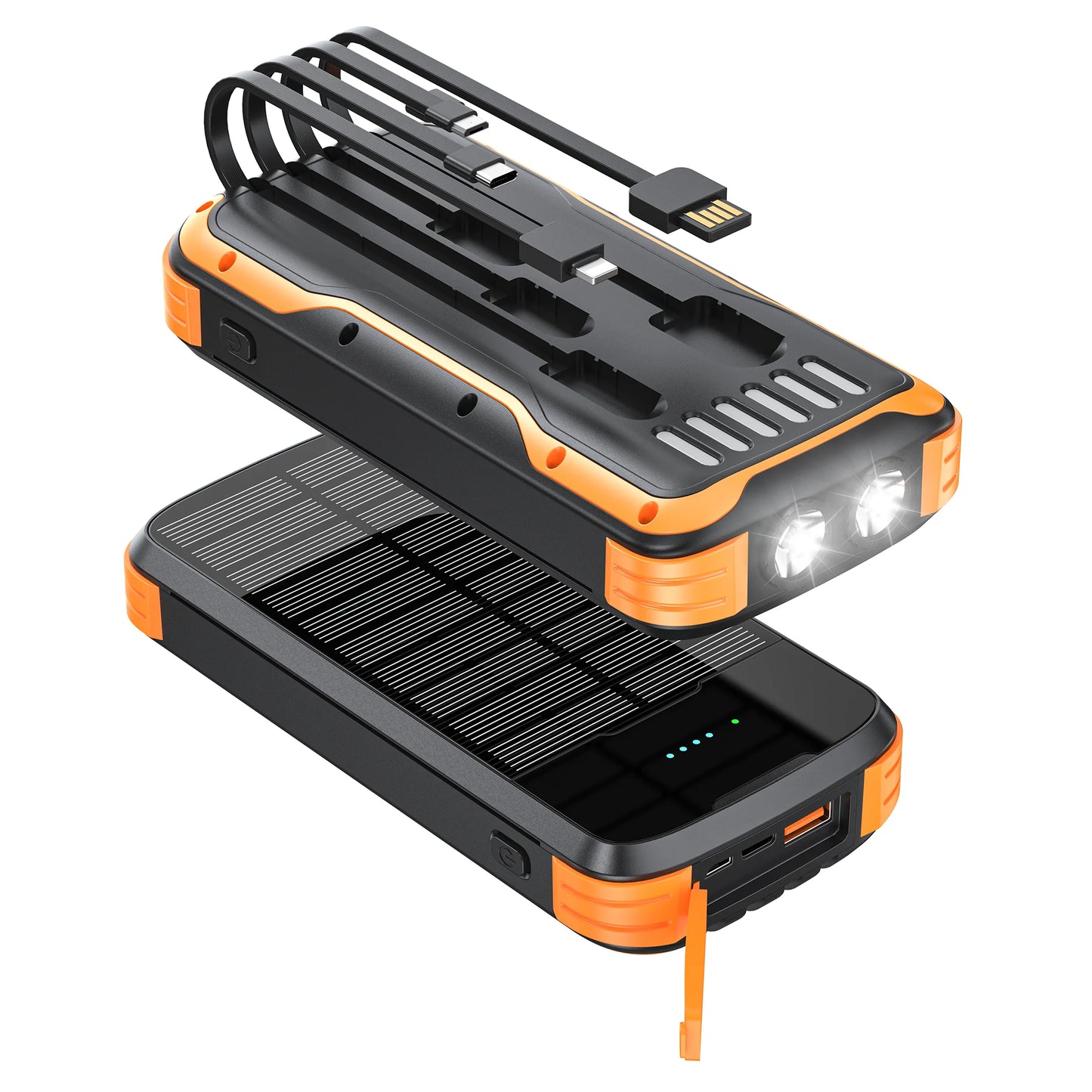 Solar-Power-Bank-Charger, 40000mAh Portable Phone Charger Built in 4 Cables /Output, PD 20W Fast