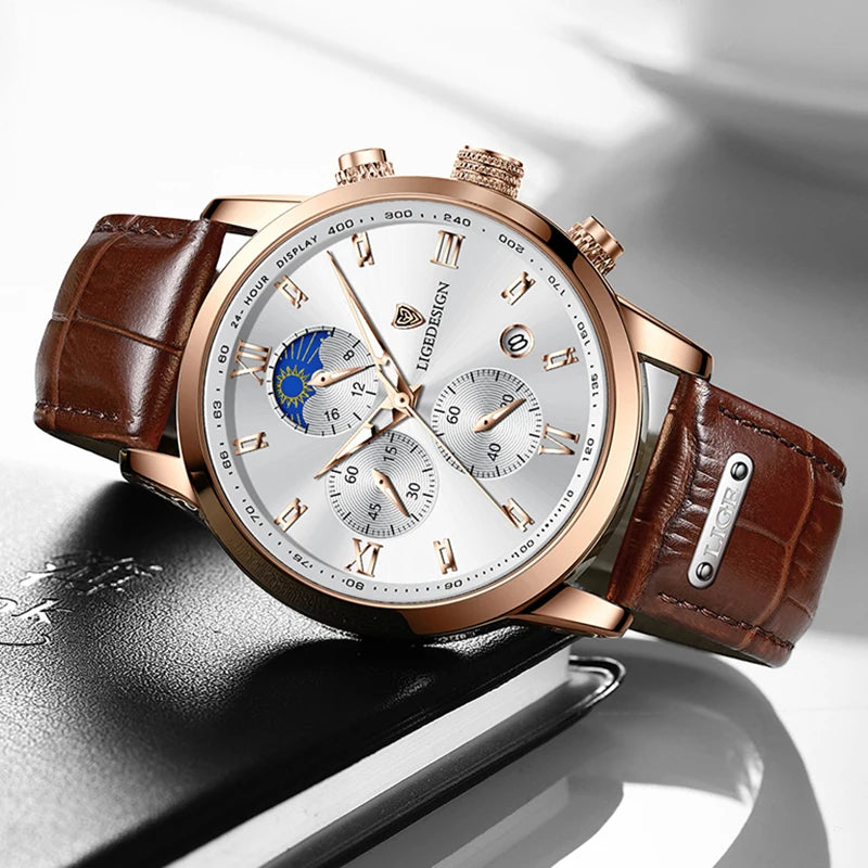 LIGE Business Watch Men Fashion Leather Military Waterproof Mn's Quartz 24 Hour Moon Phase