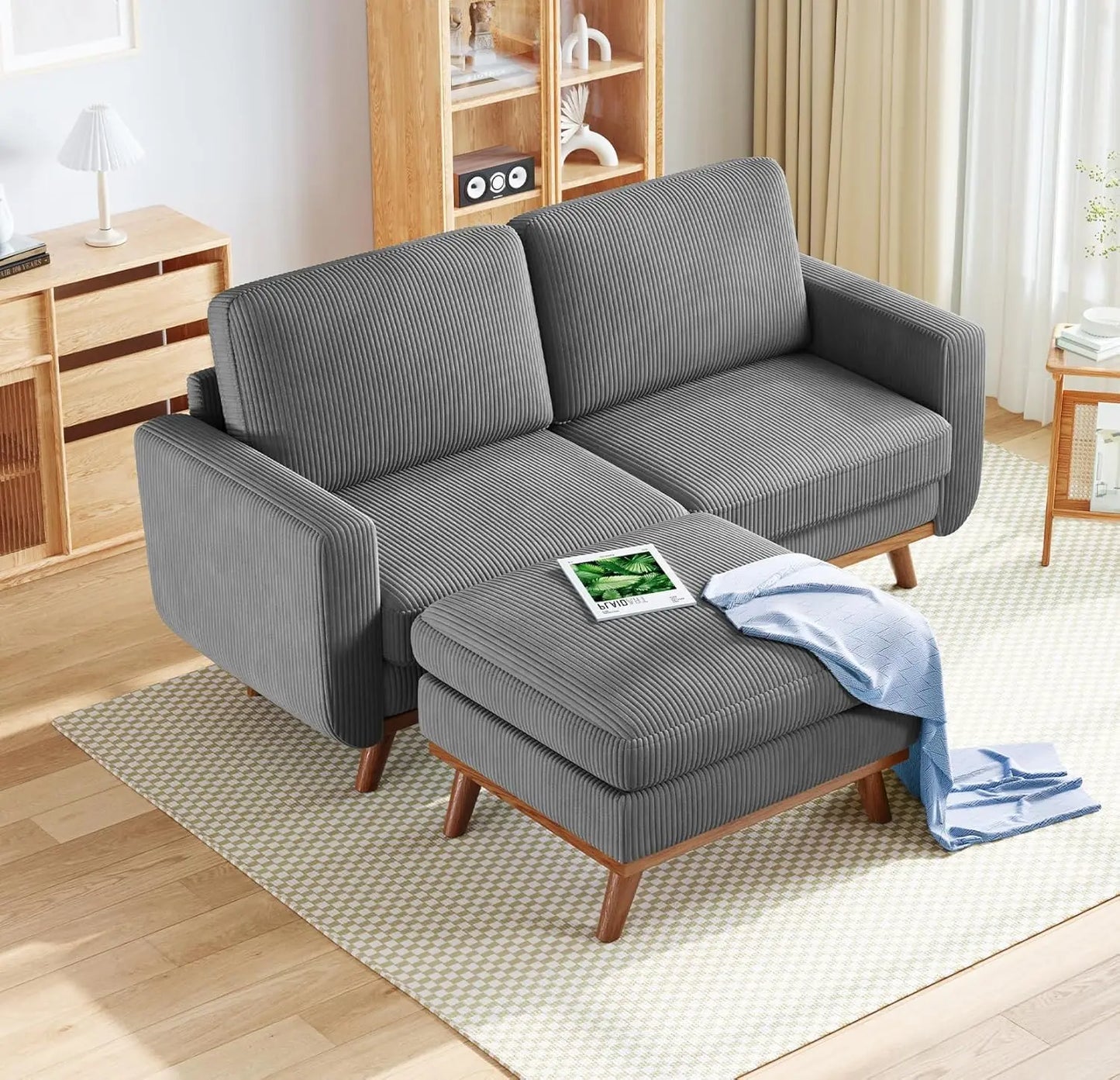 INDOOR 97" L-Shape Modular Sectional Sofa 3-Seat Corduroy Movable Otto green,black, Customized