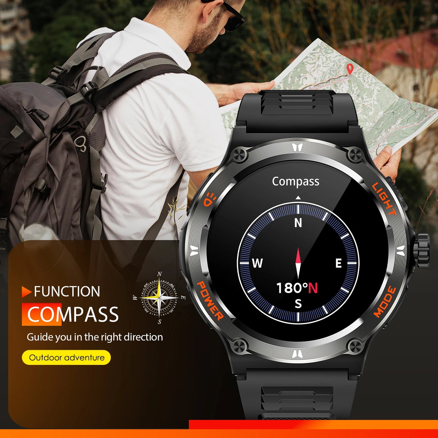 Smart Watch 3ATM Waterproof 1.53" KT76, Compass, LED Flashlight Heart Rate Sleep Analysis Bluetooth