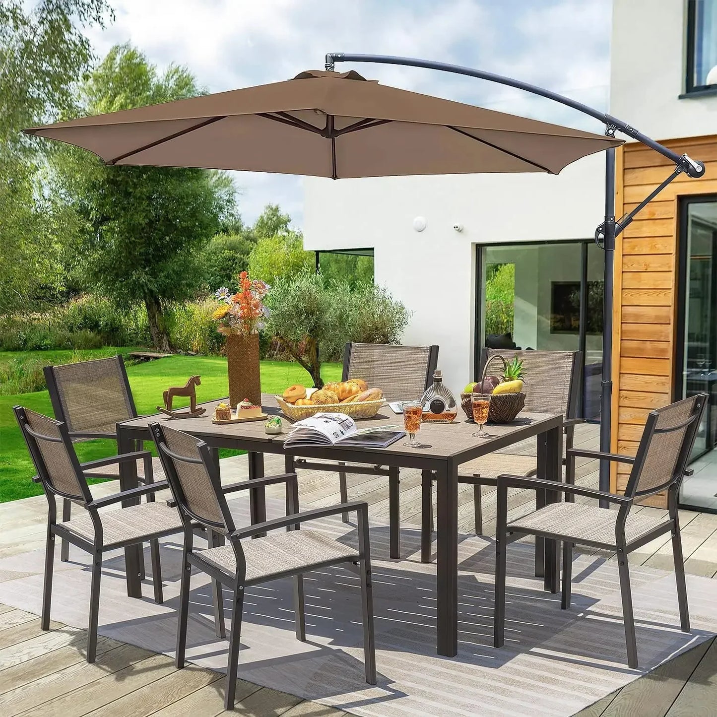 Patio Dining Set 7 Pieces Outdoor Furniture with Large Table and 6 Textilene Chairs