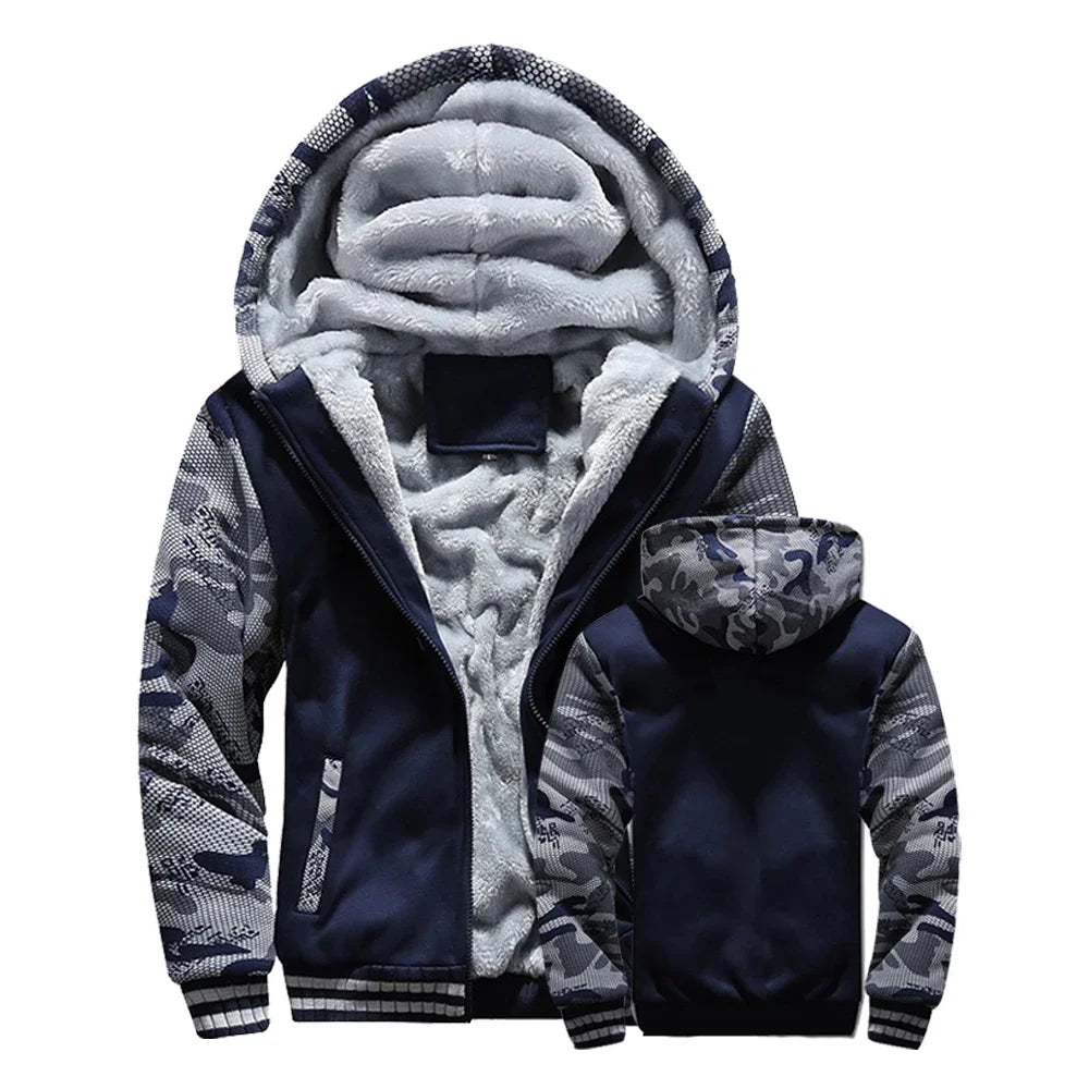 Winter Jacket Men Warm Thick Fleece Male Zipper Hooded  Outerwear Long Sleeves Sports Hoody