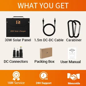30W Solar Charger, Foldable Solar Panel with 18V MC4, Dual USB-A (QC3.0), & USB-C (PD18W) Ports