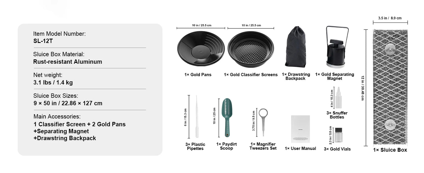 50" 12" Complete Sluice Box Gold Panning Kit Aluminum Alloy23/16 PCS Gold Prospecting Kit