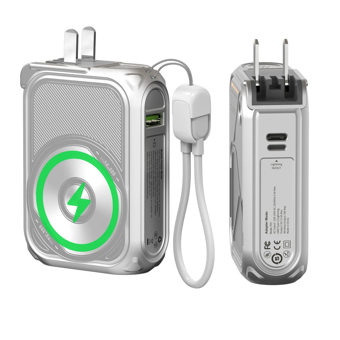 Fast Charging 10000mAh Magnetic Wireless Power Bank USB Type-C Detachable Data Cable Phone Holder
