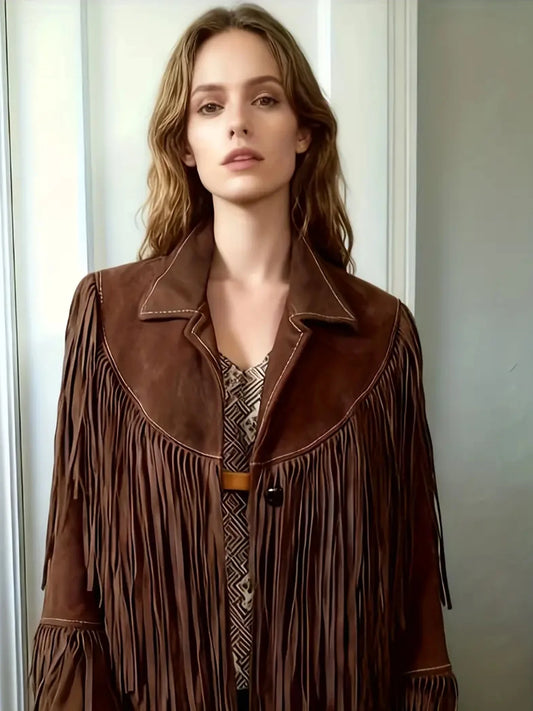 New Women's Vintage Suede Fringed Long-Sleeved Turtleneck Jacket, Western Style, Machine Washable