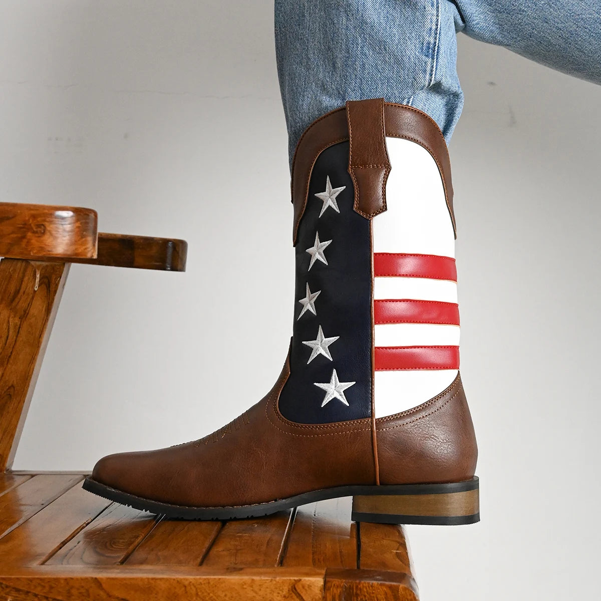 Men's Trendy High Top Cowboys Boots, Stars &Stripes, Non Slip Comfy Durable Outdoor Travel,Walking