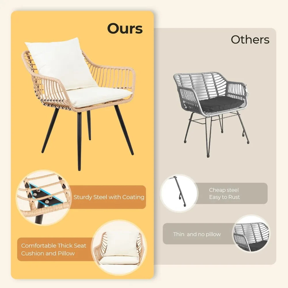 5 Piece Patio Bistro Set, Ottoman, Outdoor Wicker Balcony Rattan Table and Chairs Set of 2