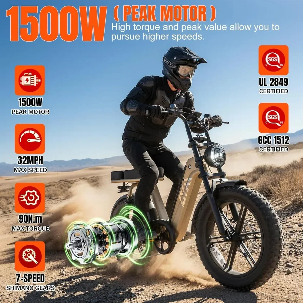 E- Bike, Adults 1500W Peak 20" Fat Tire All-Terrain, 60 Miles 28MPH E-Dirt Bike, Road Sand Mountain