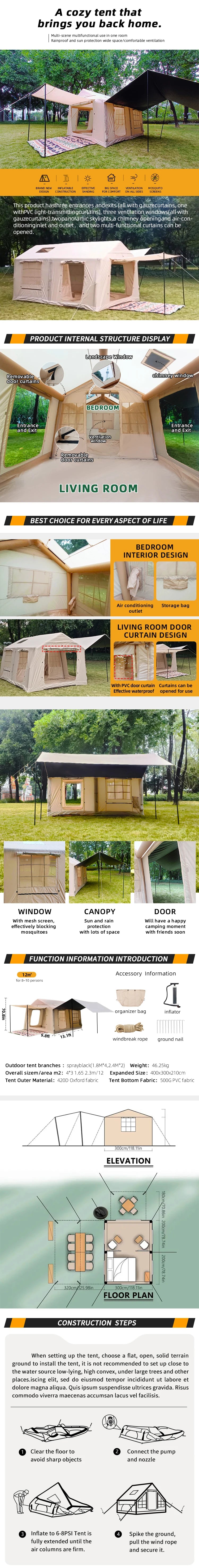10-12 People Inflatable Tent for Camping ,Easy Setup pump,4 Season Tent