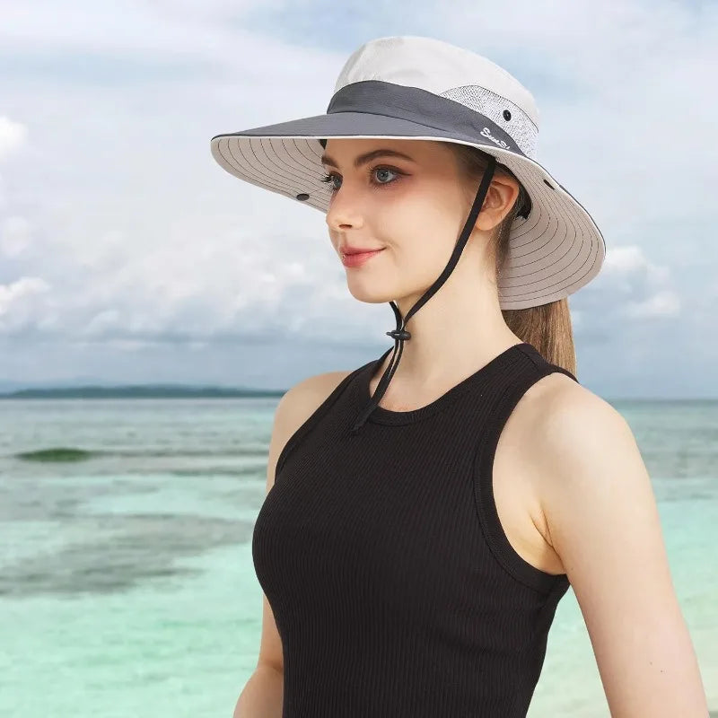 Ponytail sun hat for women with wide brim UPF 50+ fishing and beach