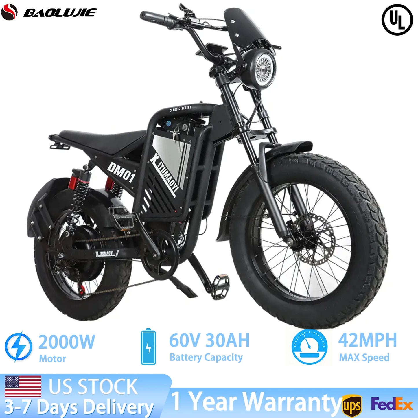 【1 Year Warranty E- Bicycle 60V 30AH Battery 42 MPH  Adult Electric Motorcycle