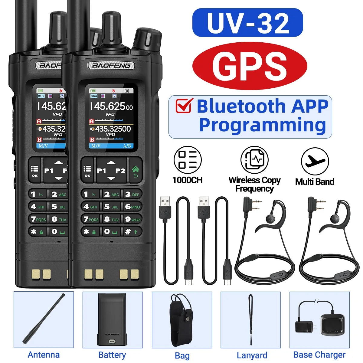 GPS Walkie Talkie 10W Long Range Multi Band Bluetooth APP Programming Wireless Copy Frequency Type-C