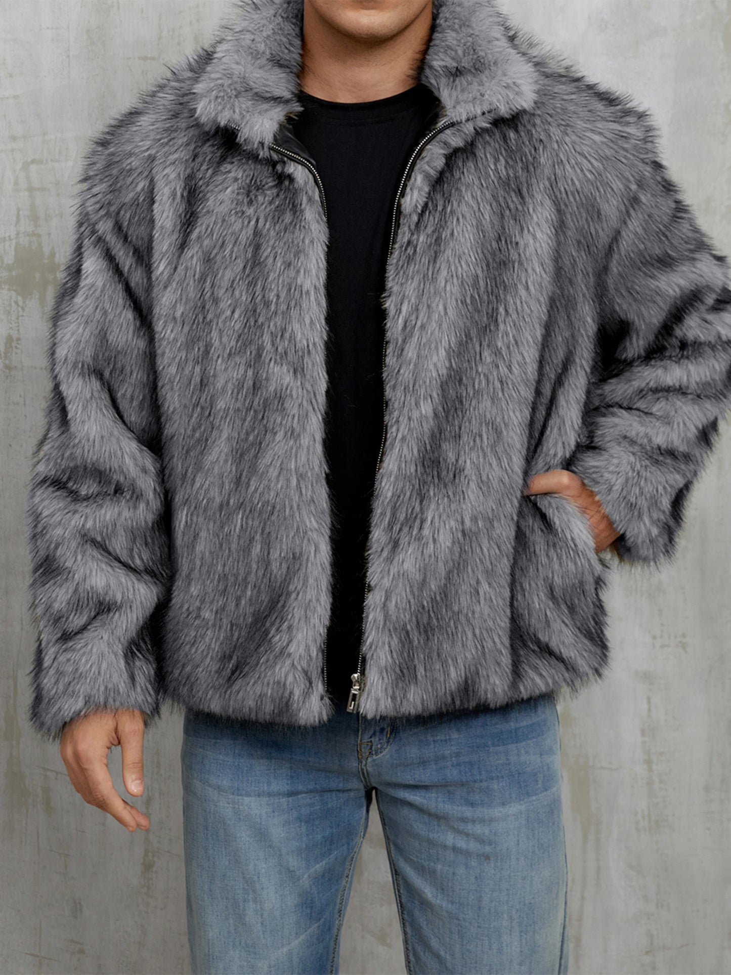 Men s Faux Fur Jacket Winter Thick Long Sleeve Stand Collar Loose Zip Up Warm Outwear Windbreaker